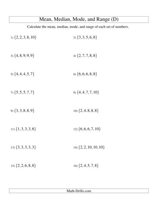 The Mean, Median, Mode and Range -- Sorted Sets (Sets of 5 from 1 to 10) (D) Math Worksheet