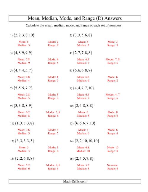 The Mean, Median, Mode and Range -- Sorted Sets (Sets of 5 from 1 to 10) (D) Math Worksheet Page 2