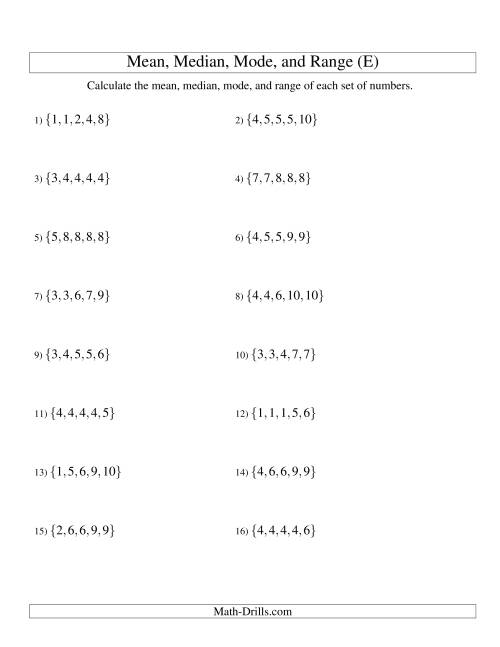 The Mean, Median, Mode and Range -- Sorted Sets (Sets of 5 from 1 to 10) (E) Math Worksheet