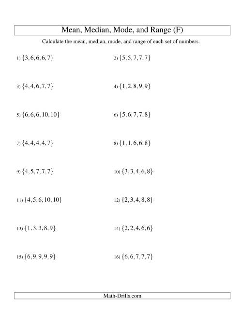 The Mean, Median, Mode and Range -- Sorted Sets (Sets of 5 from 1 to 10) (F) Math Worksheet