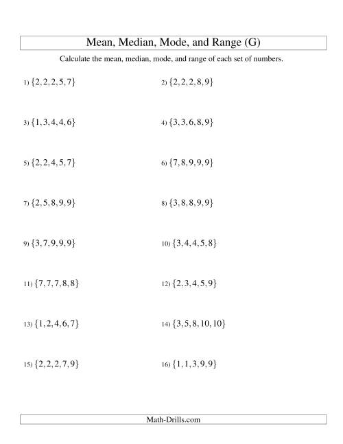 The Mean, Median, Mode and Range -- Sorted Sets (Sets of 5 from 1 to 10) (G) Math Worksheet