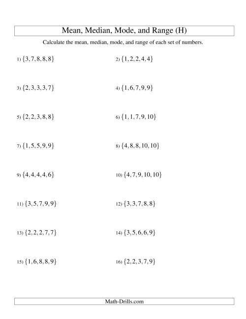 The Mean, Median, Mode and Range -- Sorted Sets (Sets of 5 from 1 to 10) (H) Math Worksheet