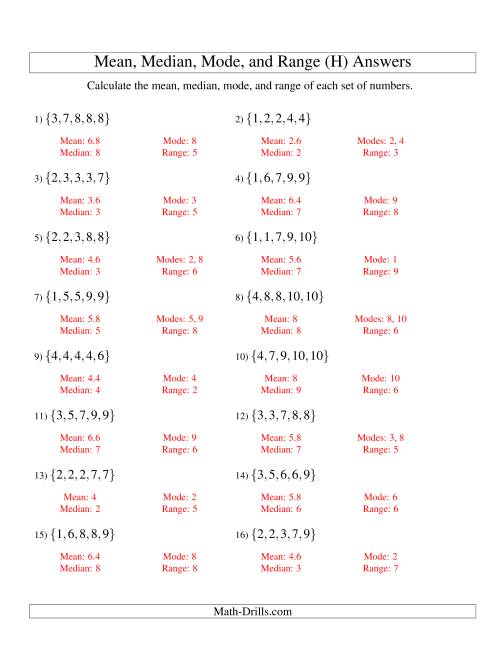 The Mean, Median, Mode and Range -- Sorted Sets (Sets of 5 from 1 to 10) (H) Math Worksheet Page 2
