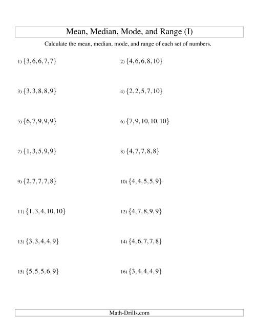 The Mean, Median, Mode and Range -- Sorted Sets (Sets of 5 from 1 to 10) (I) Math Worksheet