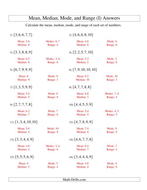 The Mean, Median, Mode and Range -- Sorted Sets (Sets of 5 from 1 to 10) (I) Math Worksheet Page 2