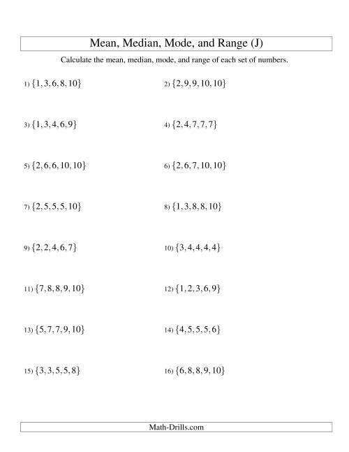 The Mean, Median, Mode and Range -- Sorted Sets (Sets of 5 from 1 to 10) (J) Math Worksheet
