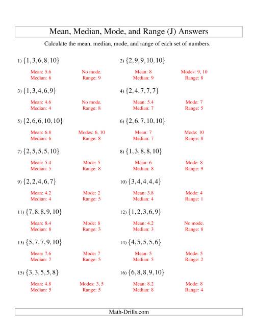 The Mean, Median, Mode and Range -- Sorted Sets (Sets of 5 from 1 to 10) (J) Math Worksheet Page 2