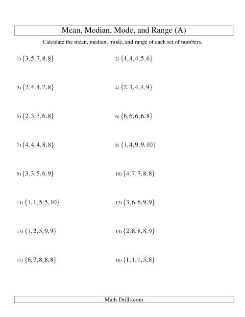 The Mean, Median, Mode and Range -- Sorted Sets (Sets of 5 from 1 to 10) (All) Math Worksheet