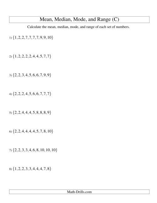 The Mean, Median, Mode and Range -- Sorted Sets (Sets of 10 from 1 to 10) (C) Math Worksheet