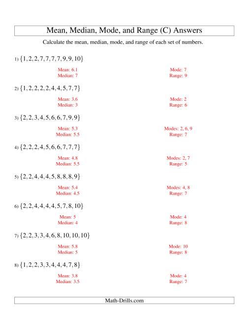 The Mean, Median, Mode and Range -- Sorted Sets (Sets of 10 from 1 to 10) (C) Math Worksheet Page 2