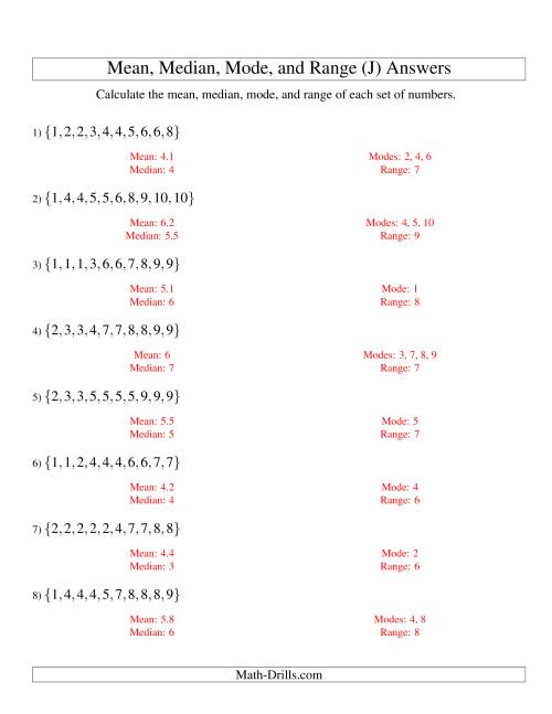 The Mean, Median, Mode and Range -- Sorted Sets (Sets of 10 from 1 to 10) (J) Math Worksheet Page 2