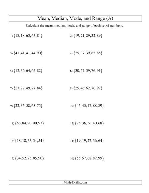 The Mean, Median, Mode and Range -- Sorted Sets (Sets of 5 from 10 to 99) (A) Math Worksheet