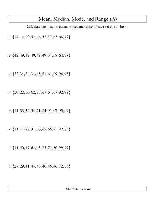 The Mean, Median, Mode and Range -- Sorted Sets (Sets of 10 from 10 to 99) (A) Math Worksheet