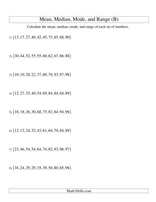 The Mean, Median, Mode and Range -- Sorted Sets (Sets of 10 from 10 to 99) (B) Math Worksheet
