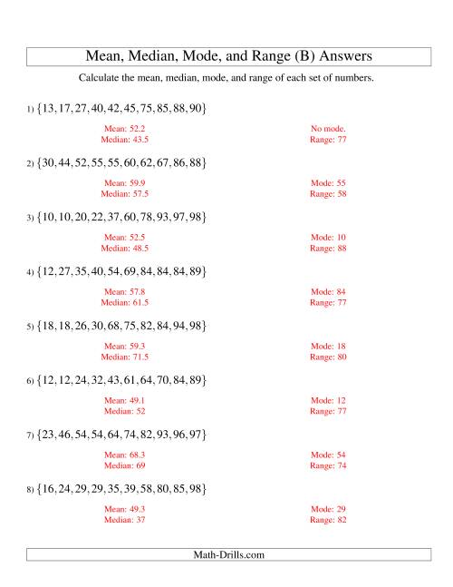 The Mean, Median, Mode and Range -- Sorted Sets (Sets of 10 from 10 to 99) (B) Math Worksheet Page 2