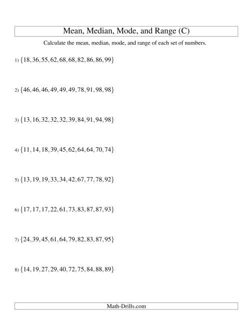 The Mean, Median, Mode and Range -- Sorted Sets (Sets of 10 from 10 to 99) (C) Math Worksheet