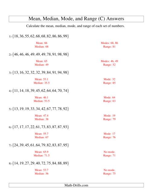 The Mean, Median, Mode and Range -- Sorted Sets (Sets of 10 from 10 to 99) (C) Math Worksheet Page 2