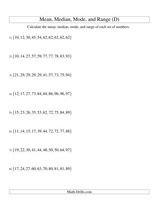 The Mean, Median, Mode and Range -- Sorted Sets (Sets of 10 from 10 to 99) (D) Math Worksheet