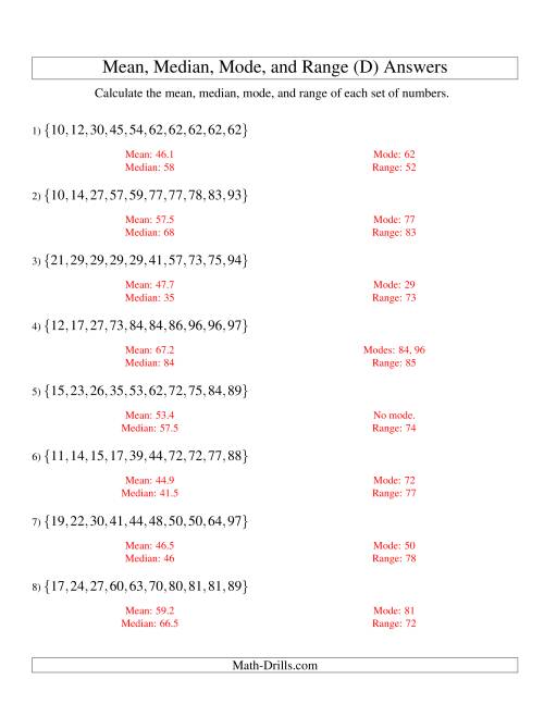 The Mean, Median, Mode and Range -- Sorted Sets (Sets of 10 from 10 to 99) (D) Math Worksheet Page 2