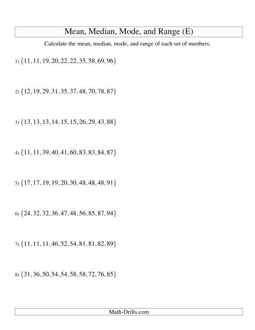 The Mean, Median, Mode and Range -- Sorted Sets (Sets of 10 from 10 to 99) (E) Math Worksheet