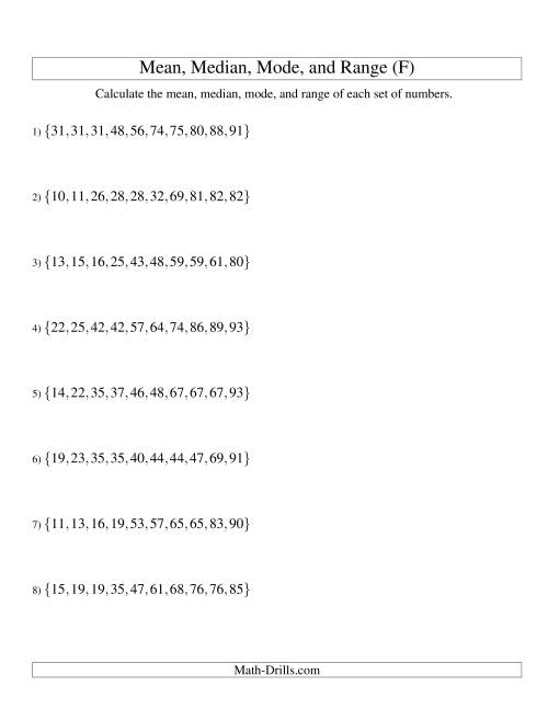 The Mean, Median, Mode and Range -- Sorted Sets (Sets of 10 from 10 to 99) (F) Math Worksheet