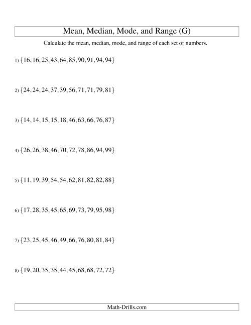 The Mean, Median, Mode and Range -- Sorted Sets (Sets of 10 from 10 to 99) (G) Math Worksheet