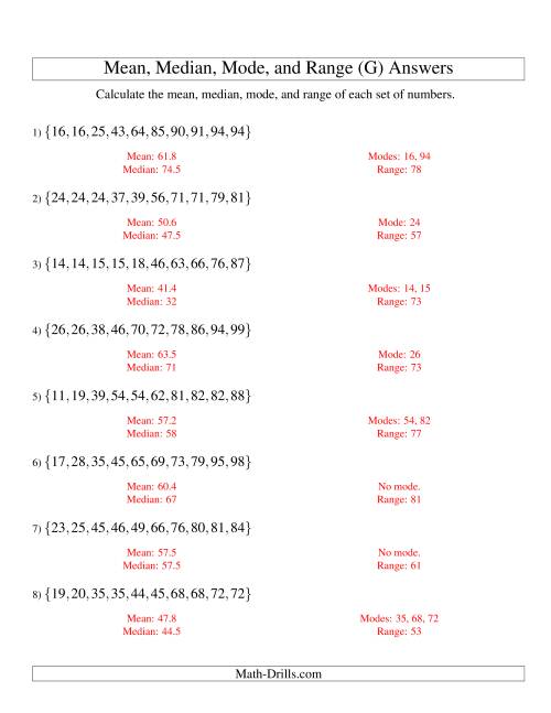 The Mean, Median, Mode and Range -- Sorted Sets (Sets of 10 from 10 to 99) (G) Math Worksheet Page 2