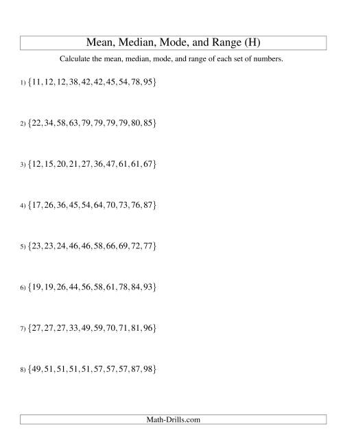 The Mean, Median, Mode and Range -- Sorted Sets (Sets of 10 from 10 to 99) (H) Math Worksheet