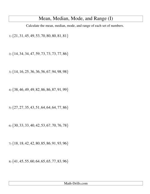 The Mean, Median, Mode and Range -- Sorted Sets (Sets of 10 from 10 to 99) (I) Math Worksheet