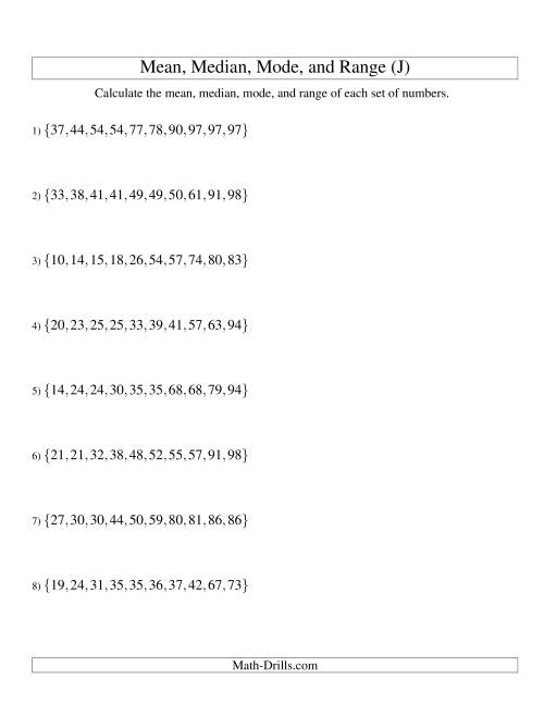 The Mean, Median, Mode and Range -- Sorted Sets (Sets of 10 from 10 to 99) (J) Math Worksheet