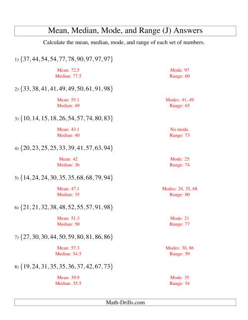 The Mean, Median, Mode and Range -- Sorted Sets (Sets of 10 from 10 to 99) (J) Math Worksheet Page 2