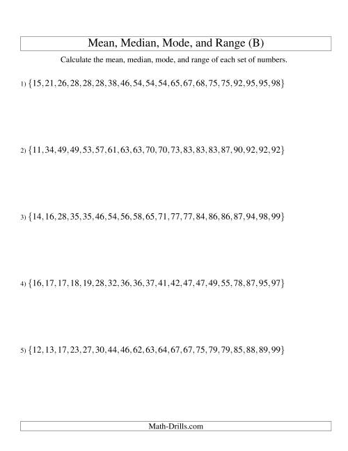 The Mean, Median, Mode and Range -- Sorted Sets (Sets of 20 from 10 to 99) (B) Math Worksheet