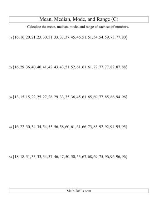 The Mean, Median, Mode and Range -- Sorted Sets (Sets of 20 from 10 to 99) (C) Math Worksheet