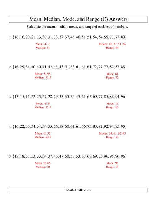 The Mean, Median, Mode and Range -- Sorted Sets (Sets of 20 from 10 to 99) (C) Math Worksheet Page 2