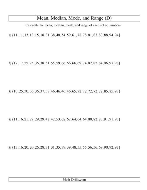 The Mean, Median, Mode and Range -- Sorted Sets (Sets of 20 from 10 to 99) (D) Math Worksheet