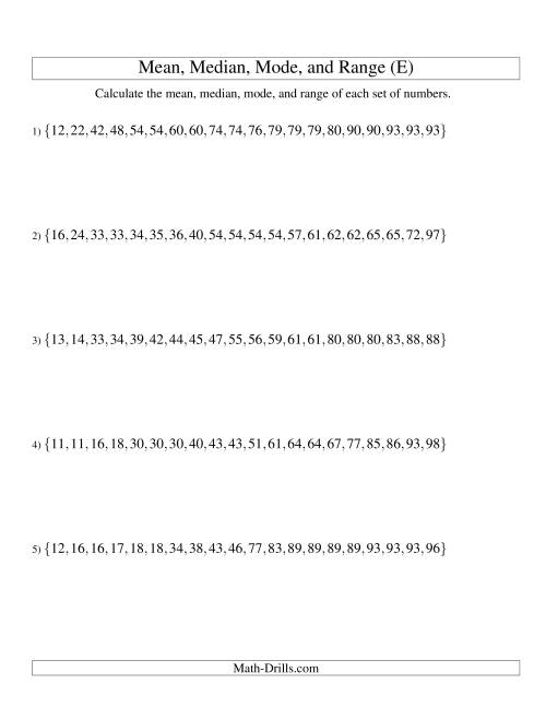 The Mean, Median, Mode and Range -- Sorted Sets (Sets of 20 from 10 to 99) (E) Math Worksheet