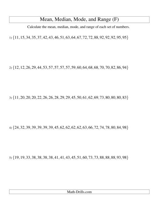 The Mean, Median, Mode and Range -- Sorted Sets (Sets of 20 from 10 to 99) (F) Math Worksheet