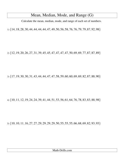 The Mean, Median, Mode and Range -- Sorted Sets (Sets of 20 from 10 to 99) (G) Math Worksheet