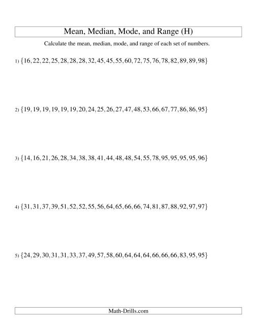 The Mean, Median, Mode and Range -- Sorted Sets (Sets of 20 from 10 to 99) (H) Math Worksheet