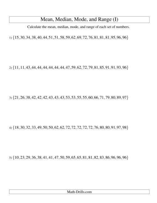 The Mean, Median, Mode and Range -- Sorted Sets (Sets of 20 from 10 to 99) (I) Math Worksheet