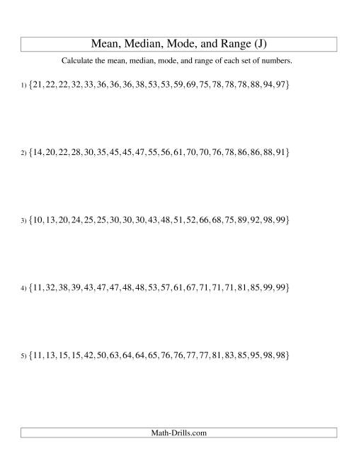 The Mean, Median, Mode and Range -- Sorted Sets (Sets of 20 from 10 to 99) (J) Math Worksheet