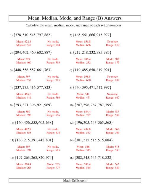 The Mean, Median, Mode and Range -- Sorted Sets (Sets of 5 from 100 to 999) (B) Math Worksheet Page 2