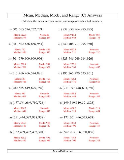 The Mean, Median, Mode and Range -- Sorted Sets (Sets of 5 from 100 to 999) (C) Math Worksheet Page 2