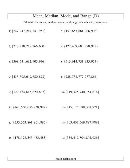 The Mean, Median, Mode and Range -- Sorted Sets (Sets of 5 from 100 to 999) (D) Math Worksheet