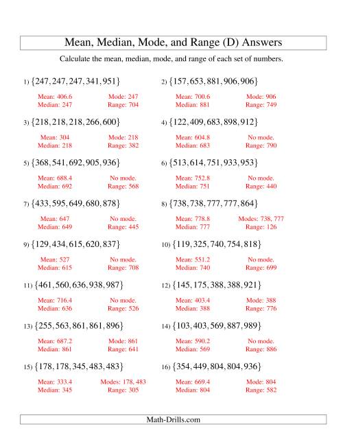 The Mean, Median, Mode and Range -- Sorted Sets (Sets of 5 from 100 to 999) (D) Math Worksheet Page 2