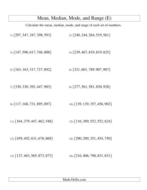 The Mean, Median, Mode and Range -- Sorted Sets (Sets of 5 from 100 to 999) (E) Math Worksheet