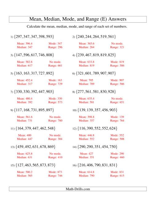 The Mean, Median, Mode and Range -- Sorted Sets (Sets of 5 from 100 to 999) (E) Math Worksheet Page 2