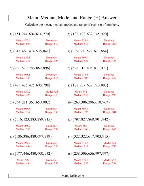 The Mean, Median, Mode and Range -- Sorted Sets (Sets of 5 from 100 to 999) (H) Math Worksheet Page 2