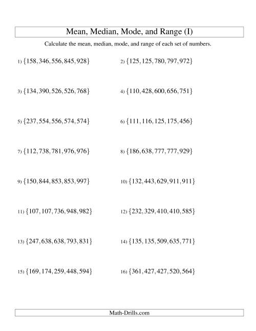 The Mean, Median, Mode and Range -- Sorted Sets (Sets of 5 from 100 to 999) (I) Math Worksheet