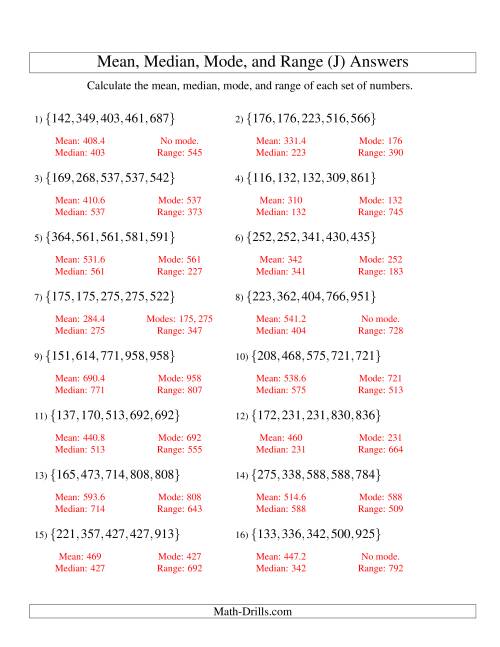The Mean, Median, Mode and Range -- Sorted Sets (Sets of 5 from 100 to 999) (J) Math Worksheet Page 2